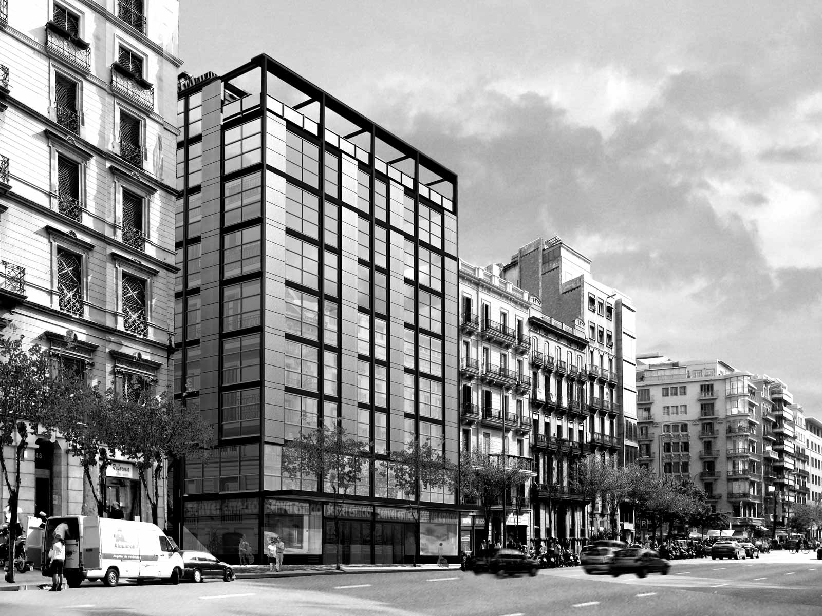 Fotografía en blanco y negro de la fachada del edificio