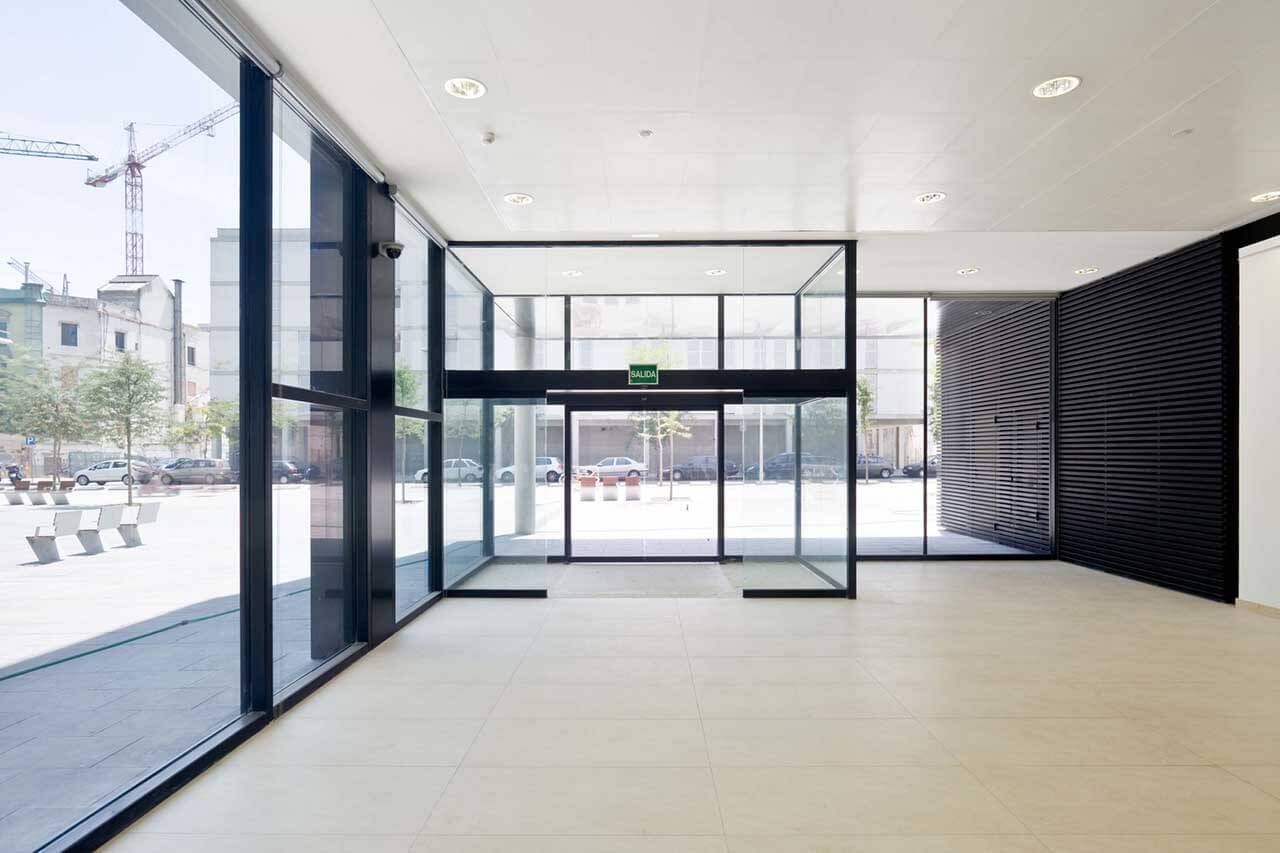 Lobby with glass and metal windows