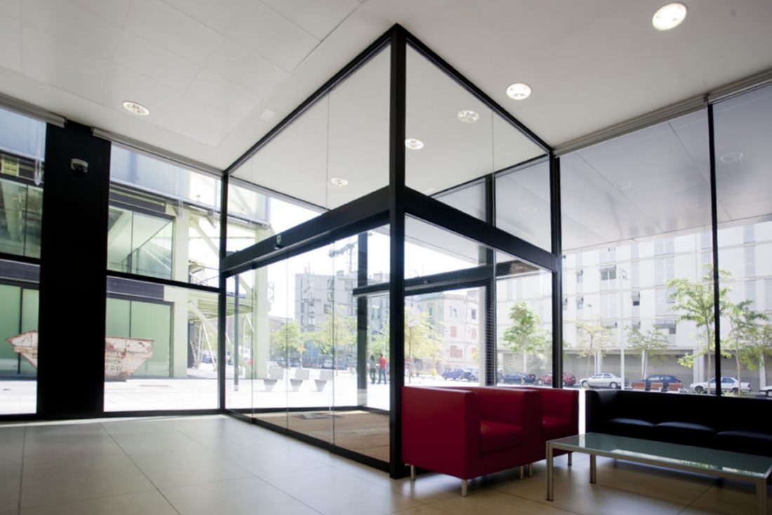 Lobby with glass and metal windows