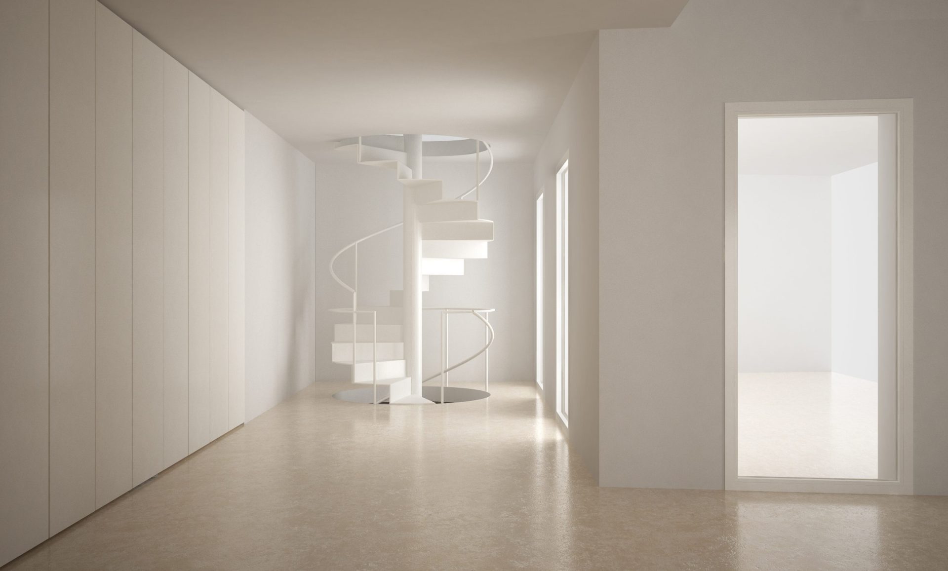 Habitació moderna blanca amb escales de caragol